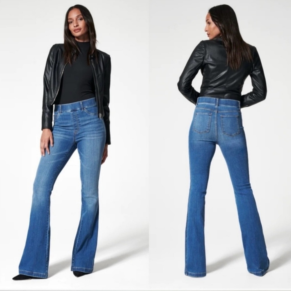 SPANX Flare Jeans Vintage Indigo High Rise Pull on Shaping Denim Large